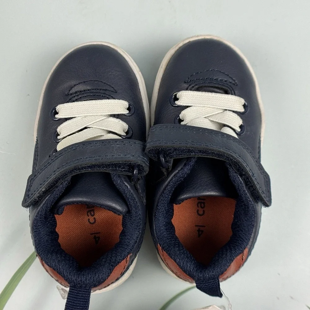 Carters Infant Boy Toddler Shoes Size 4 NWT Navy White Brown Easy On Closure
